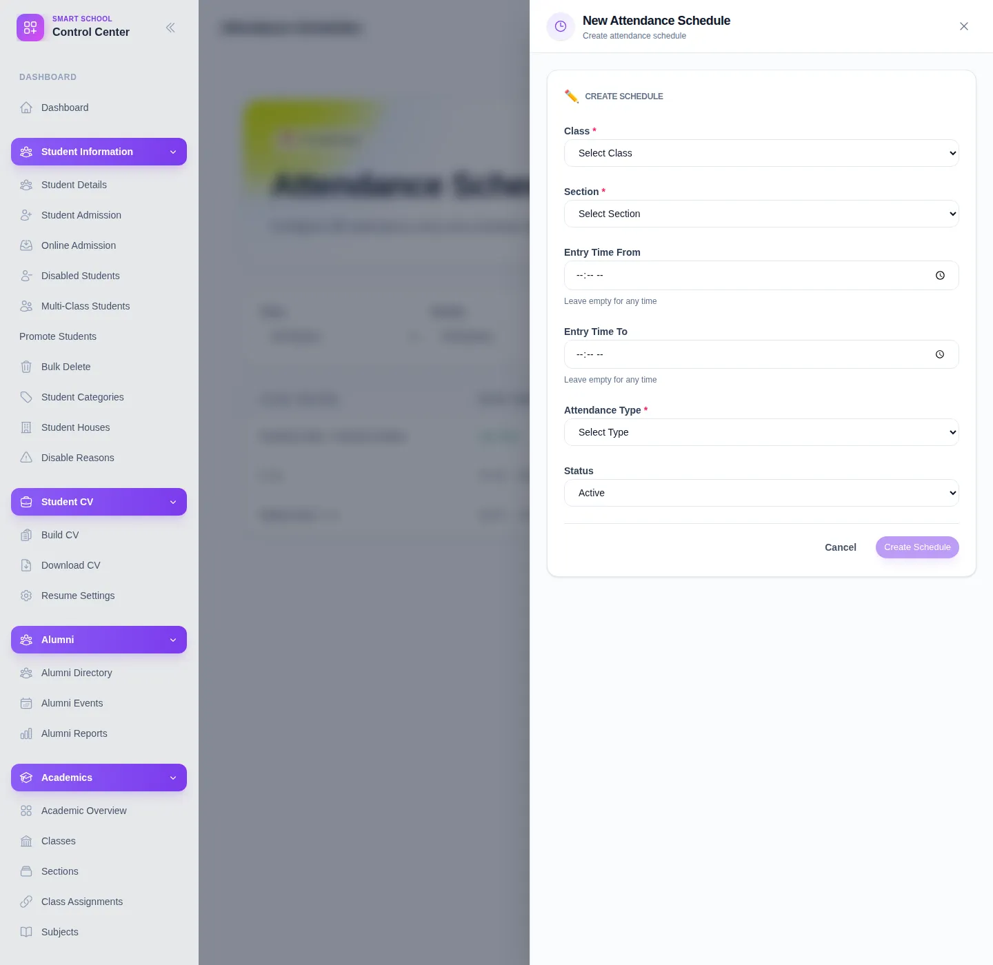 Attendance schedule form with class, section, and entry-time fields.