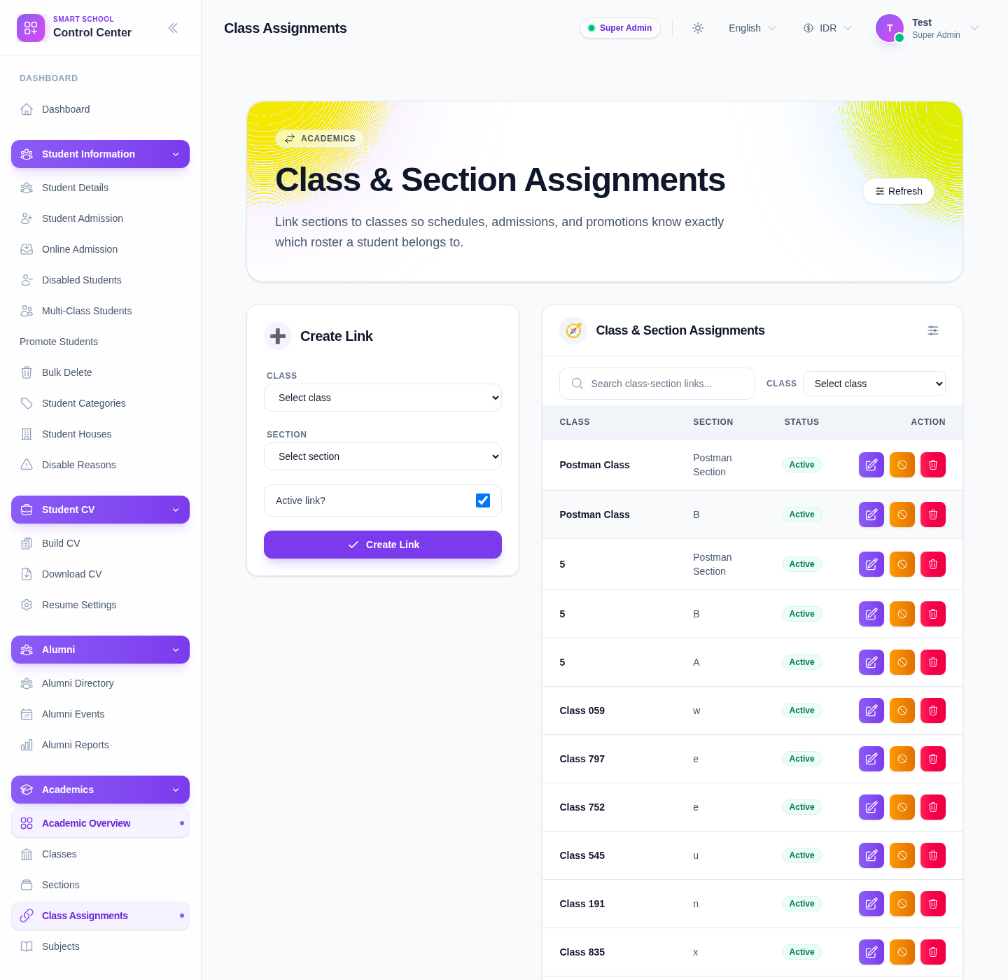 Class Assignments page with the Create Link form, search controls, and class-section assignment table.