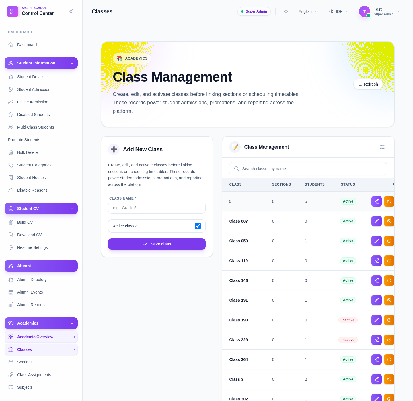 Classes page with the Add New Class form, class search, and class management table.