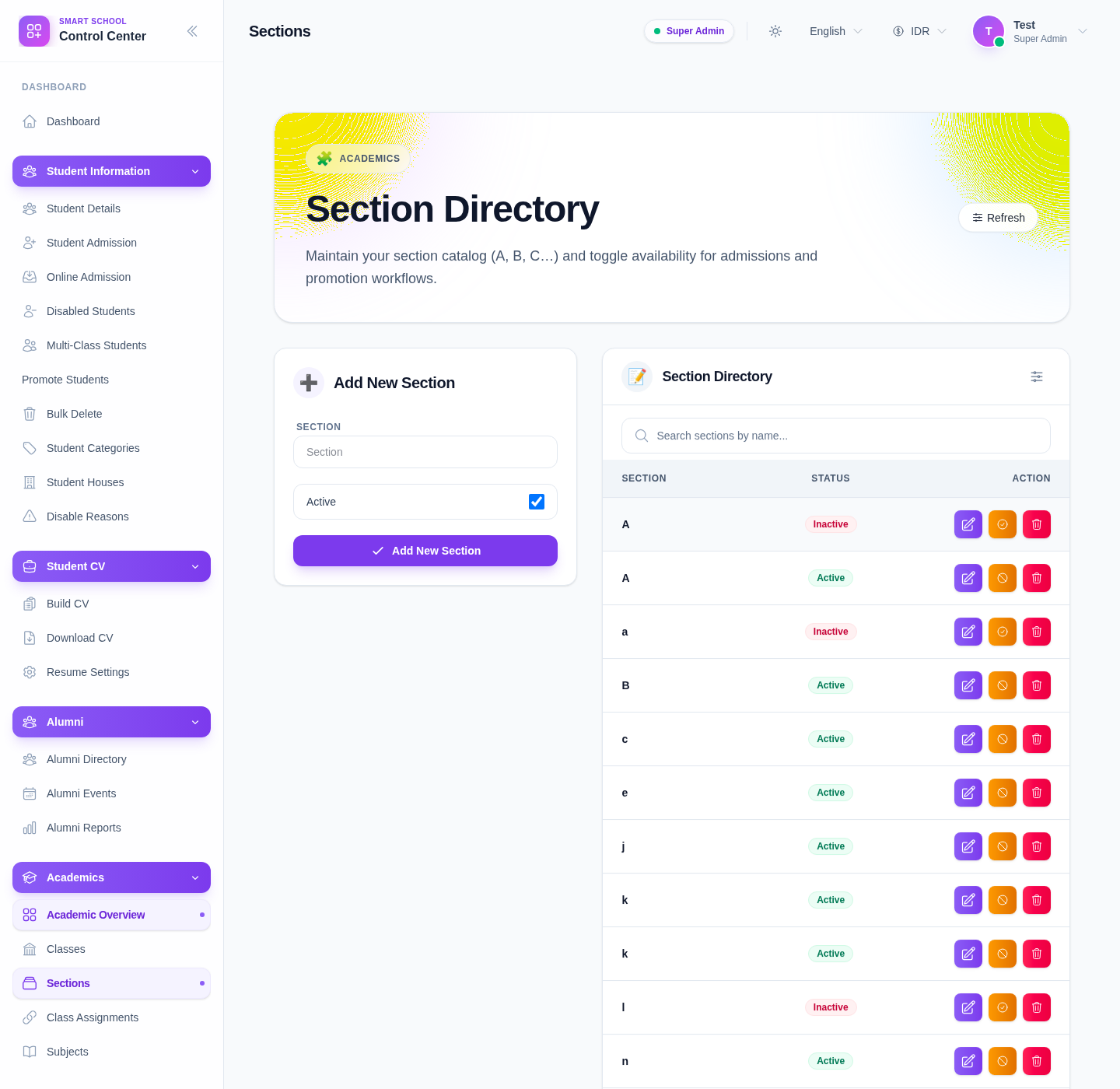 Sections page with the Add New Section form, section search, and section directory table.