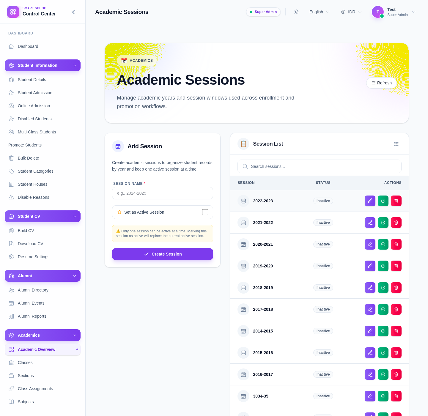 Academic Sessions page with the Add Session form, active-session warning, session search, and session list table.