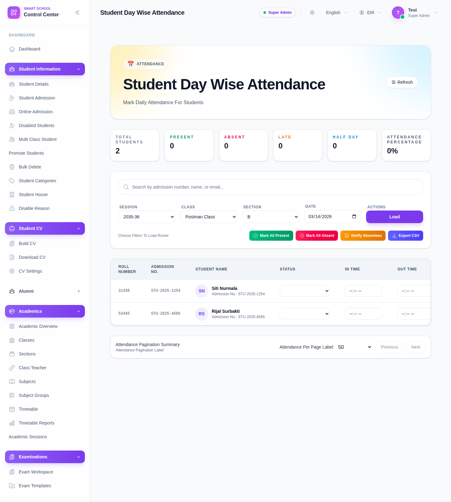 Student Day Wise Attendance page showing filters, summary cards, bulk action buttons, and a student roster table.