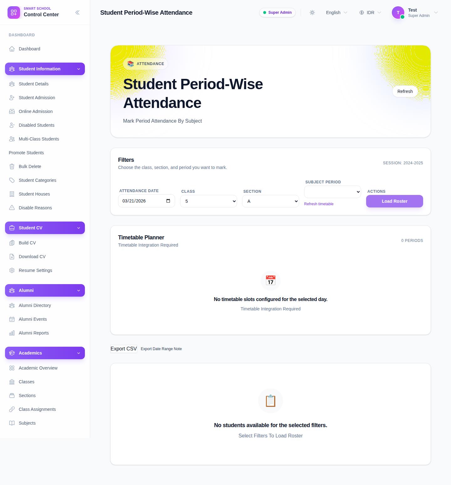 Student Period-Wise Attendance page showing the date, class, section, and subject period filters plus timetable integration messaging.