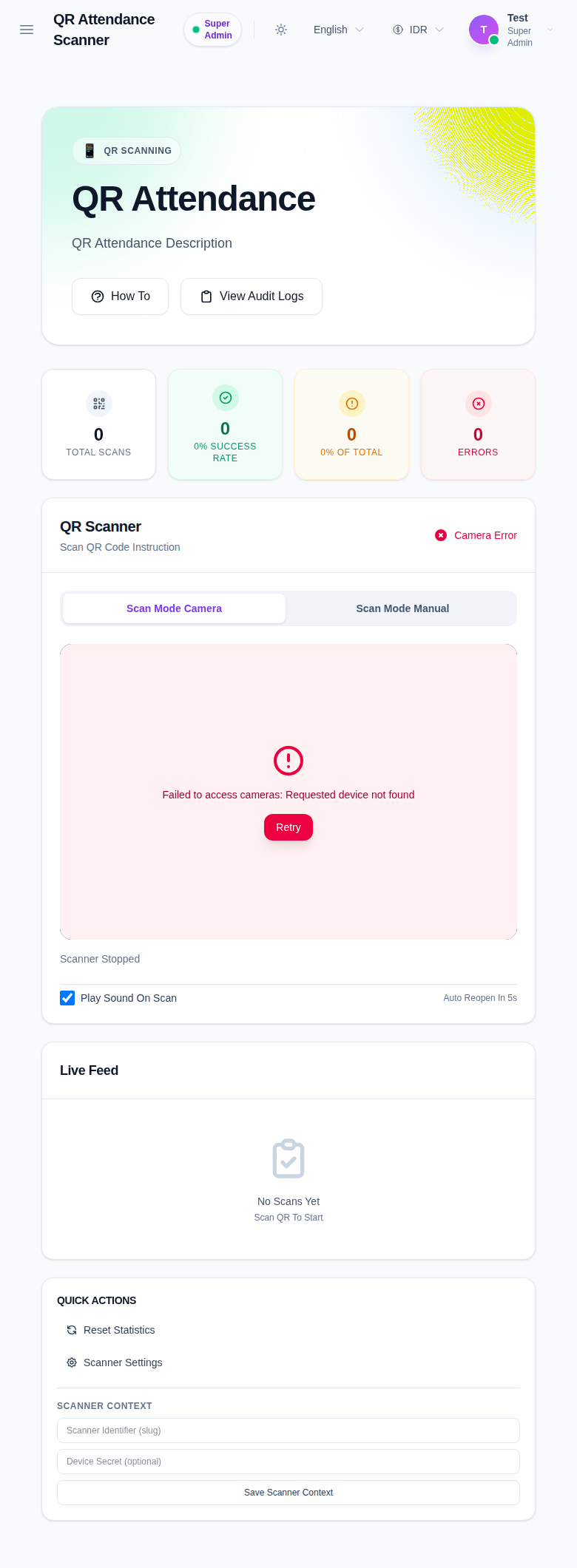 QR Attendance scanner page with summary cards, quick actions, camera and manual mode toggle, and scanner context fields.