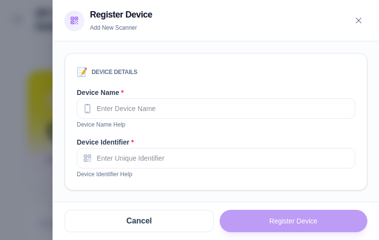 QR Attendance Settings device registration drawer with device details form and generated identifiers.
