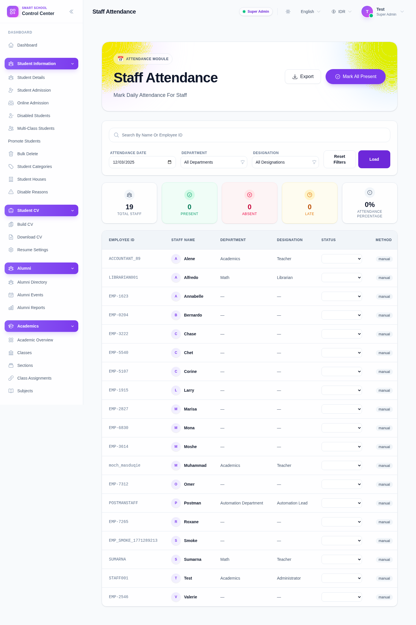 Staff Attendance page with date and staff filters plus a loaded staff roster table.