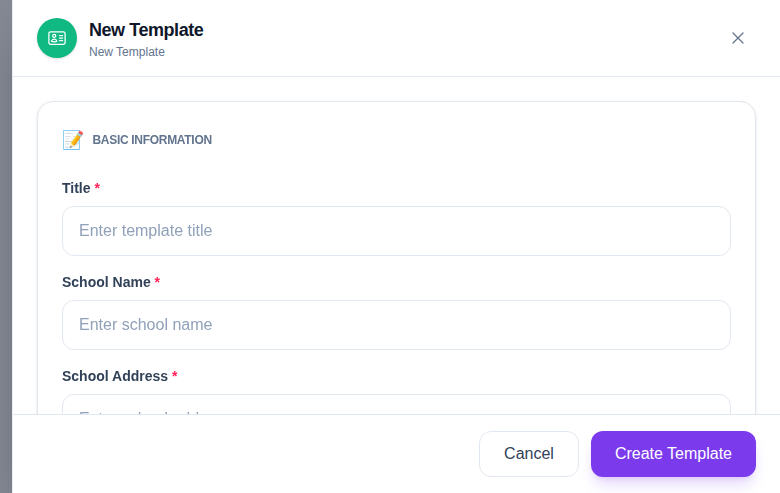New Template drawer for staff ID cards with basic information fields, image uploads, and staff field toggles.