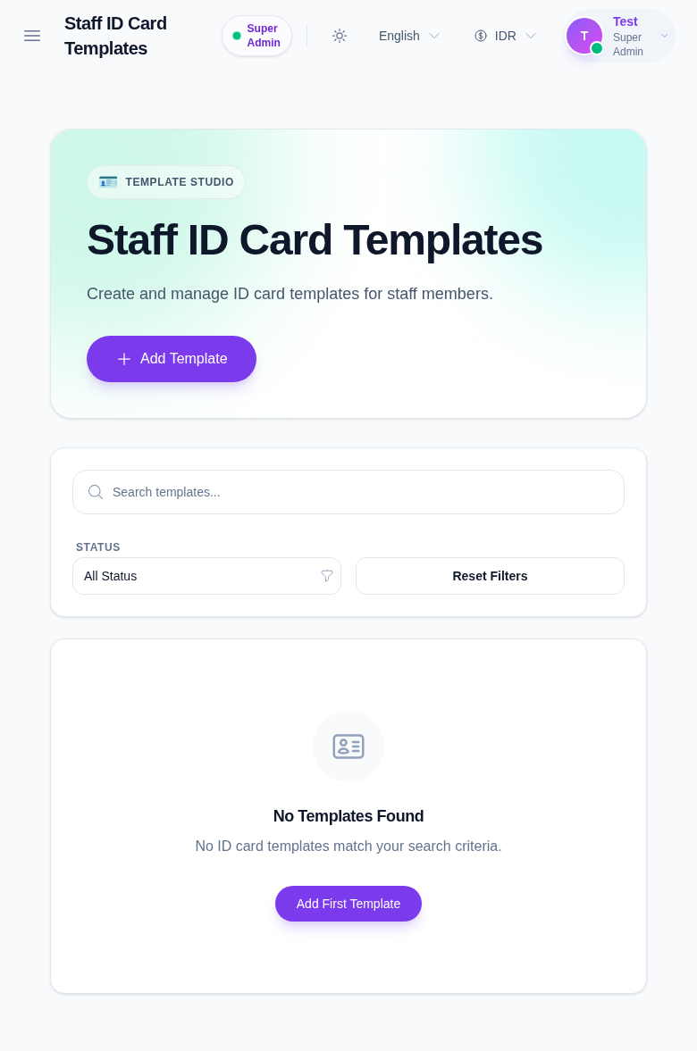 Staff ID Card Templates page showing an empty template list and the Add Template action.