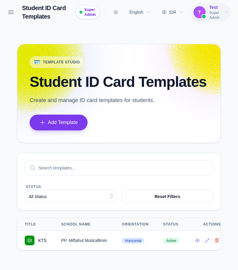 Student ID Card Templates page showing the template table with search, status filter, and row actions.