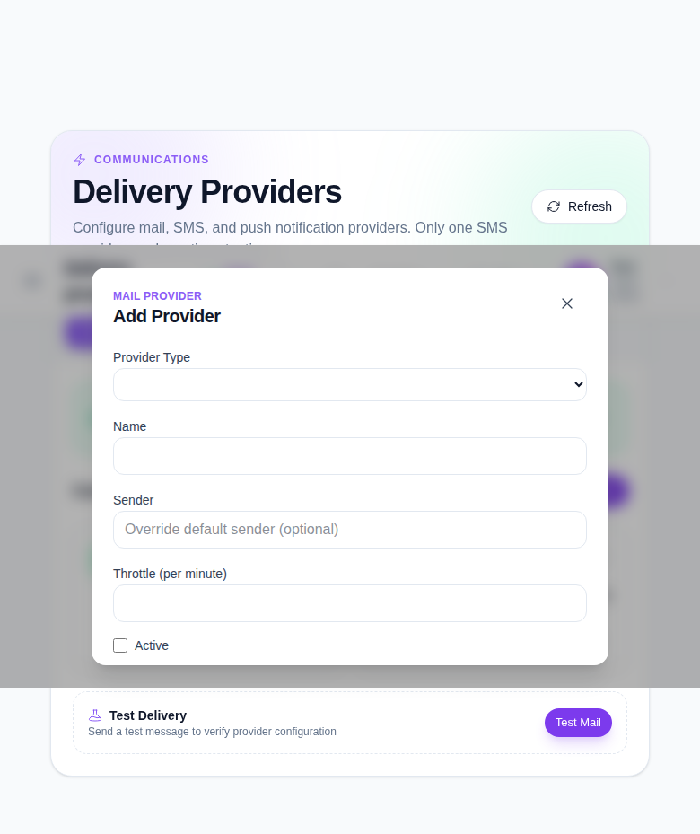 Provider configuration modal for mail, SMS, or push with provider type, credentials, sender, throttle, and active status.