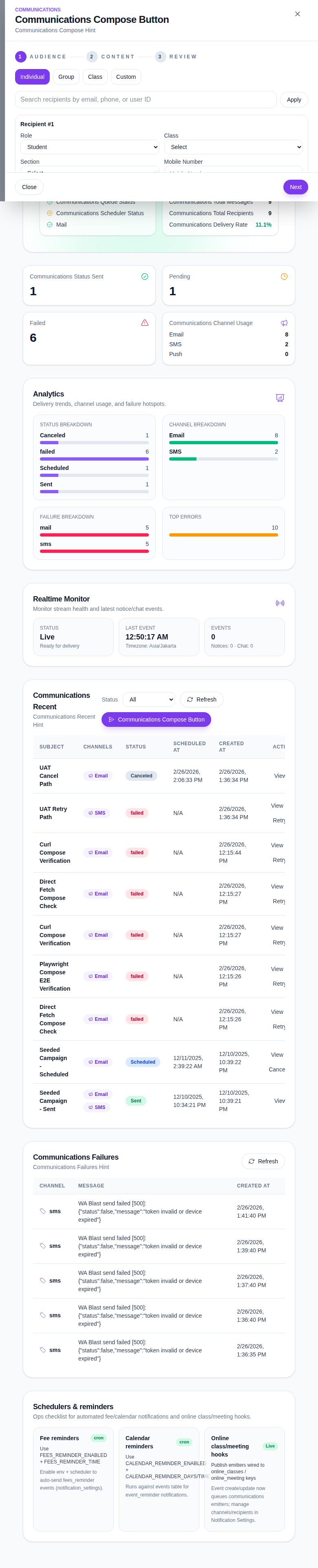 Communications compose drawer on the audience step with recipient mode and recipient fields.