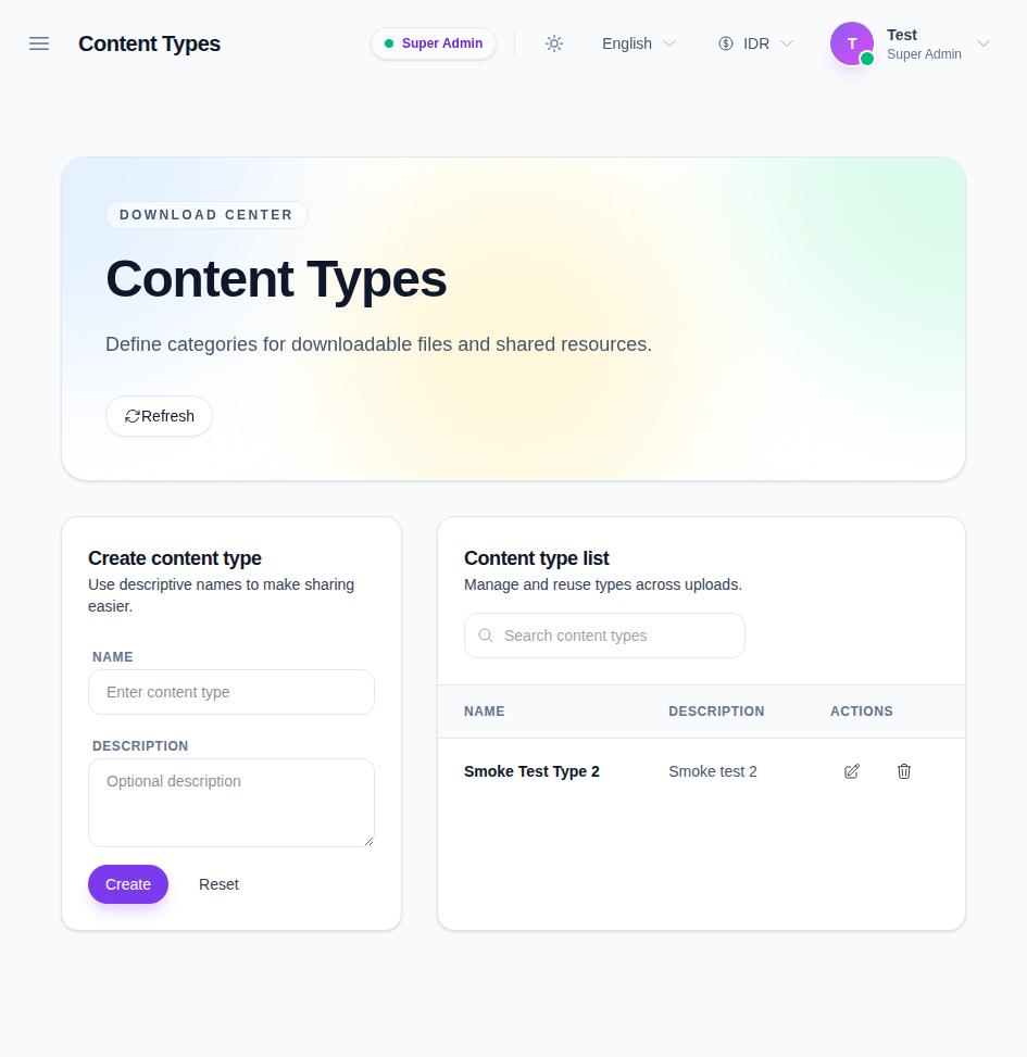 Content Types workspace showing the create form and the content type table with search, edit, and delete actions.