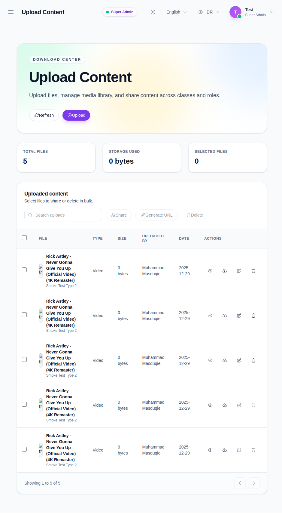 Upload Content workspace showing upload controls, summary cards, and the uploaded content table with share, URL, edit, and delete actions.