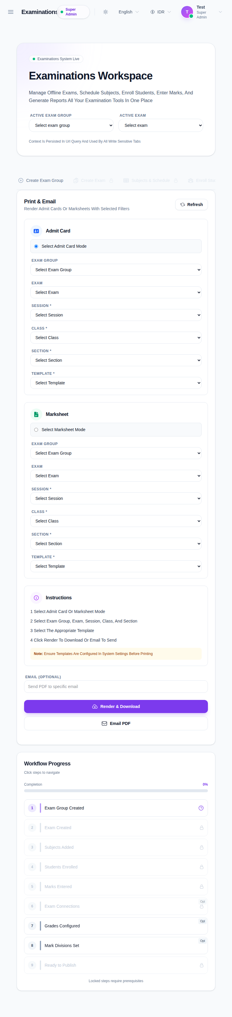 Print & Email page with both admit and marksheet mode options and all filter fields.