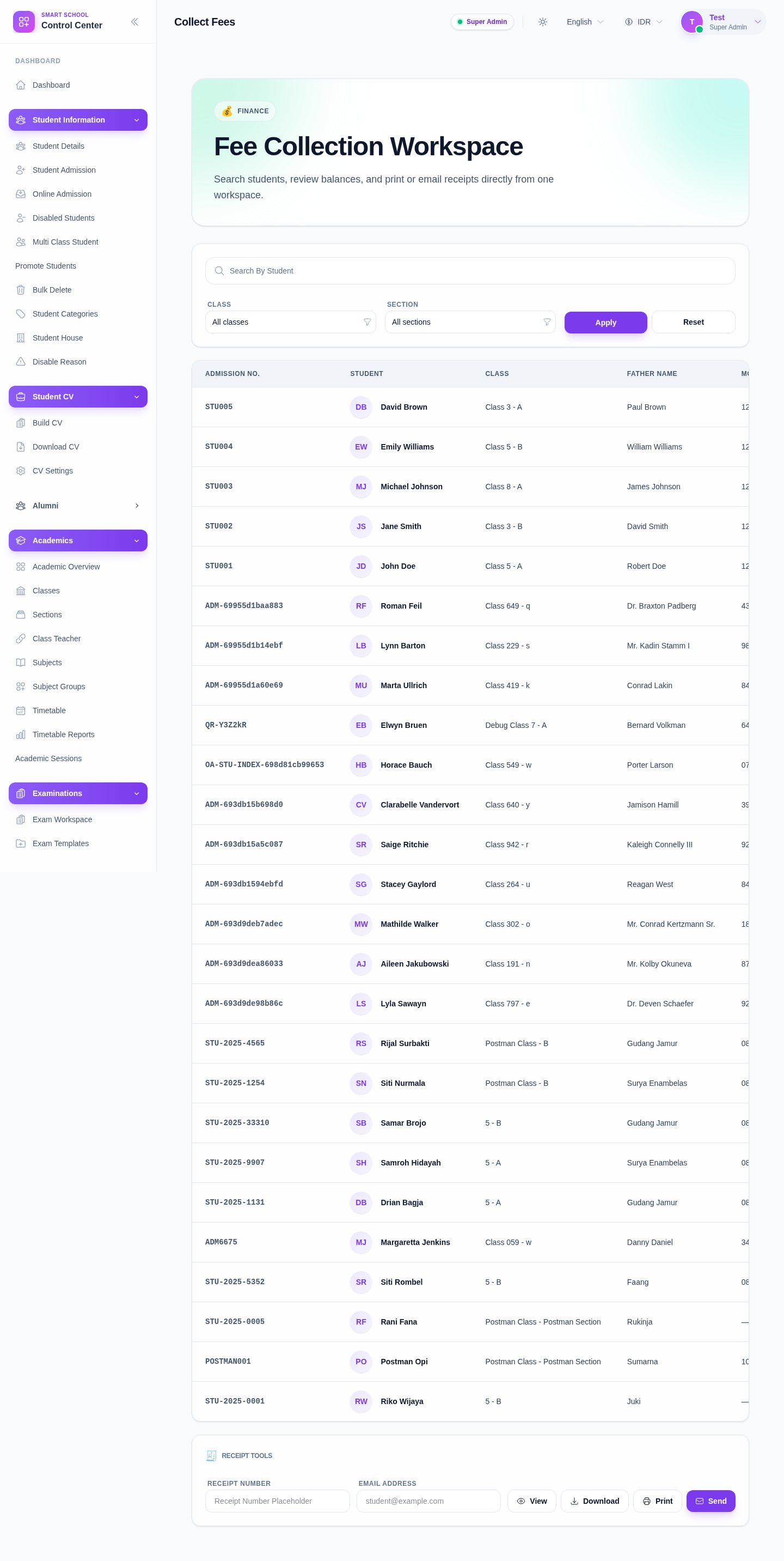 Fee Collection Workspace with class and section filters, student list, and receipt tools.