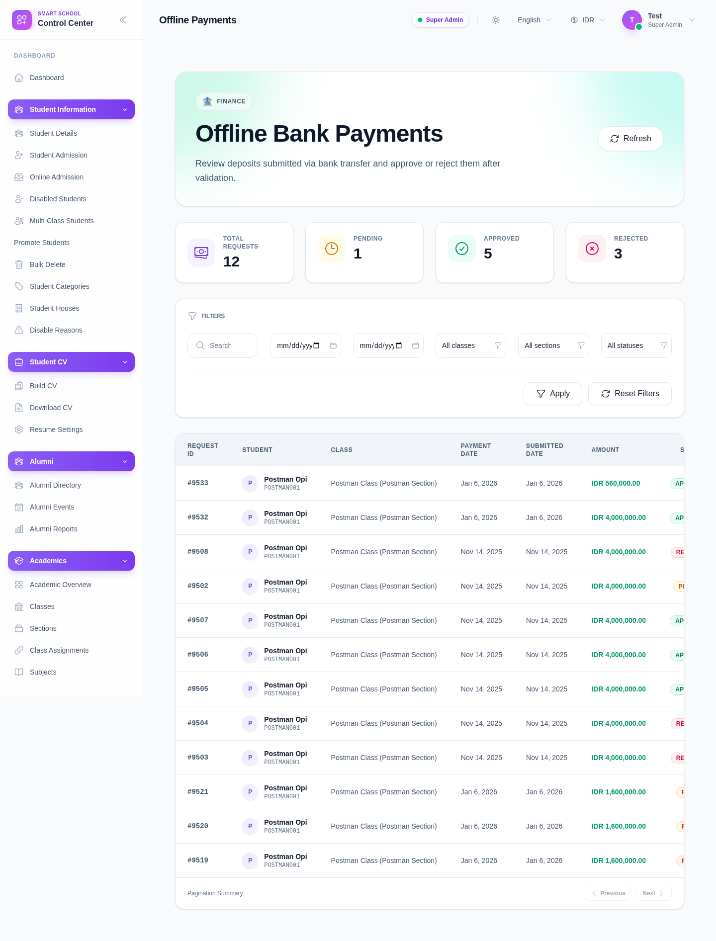 Offline Bank Payments workspace showing request counters, filters, and the payments table.