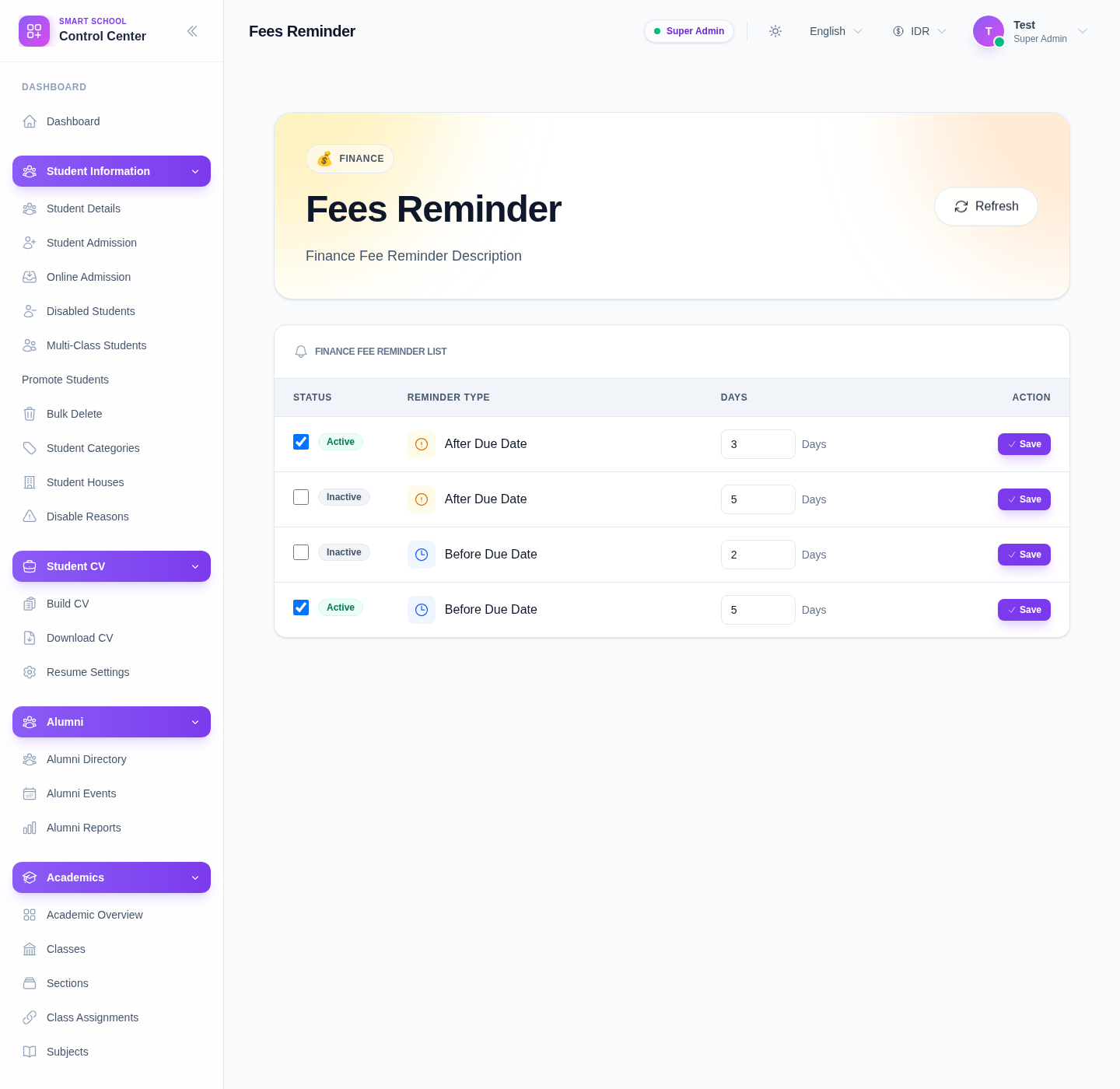 Fees Reminder workspace showing reminder rows with active state, reminder type, day value, and save actions.