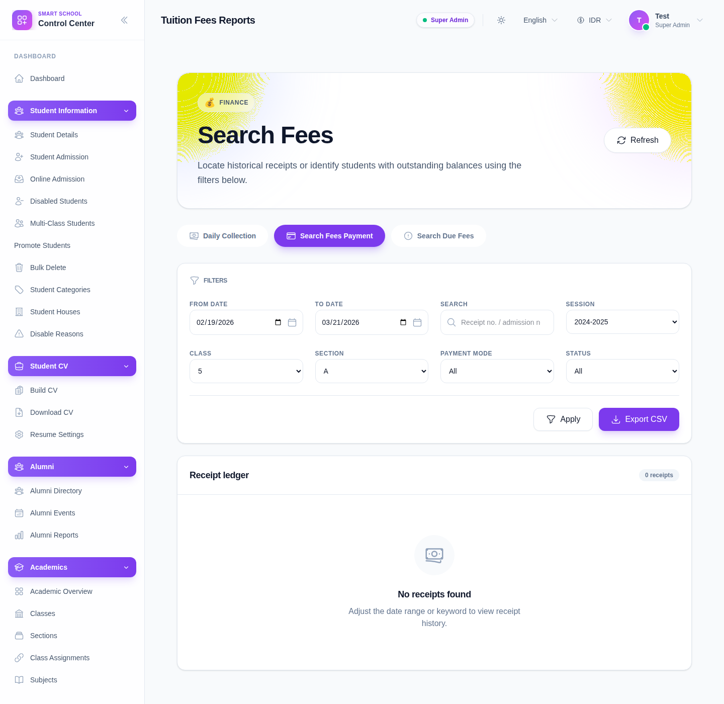 Search Fees workspace on the payments tab showing receipt filters, export controls, and the receipt ledger.