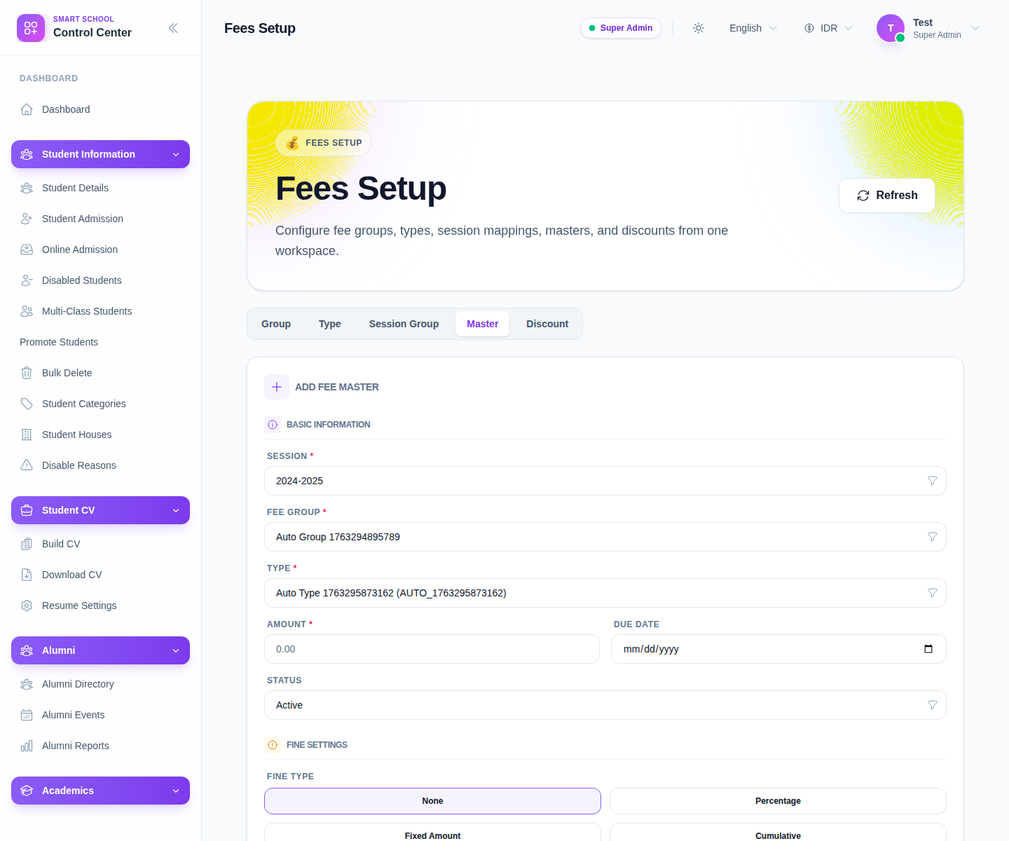 Fees Setup workspace on the Master tab showing the Add Fee Master form and the fee-master table.