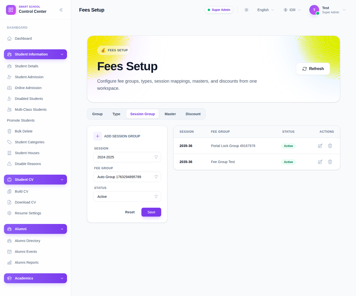 Fees Setup workspace on the Session Group tab showing the Add Session Group form and the session-group table.