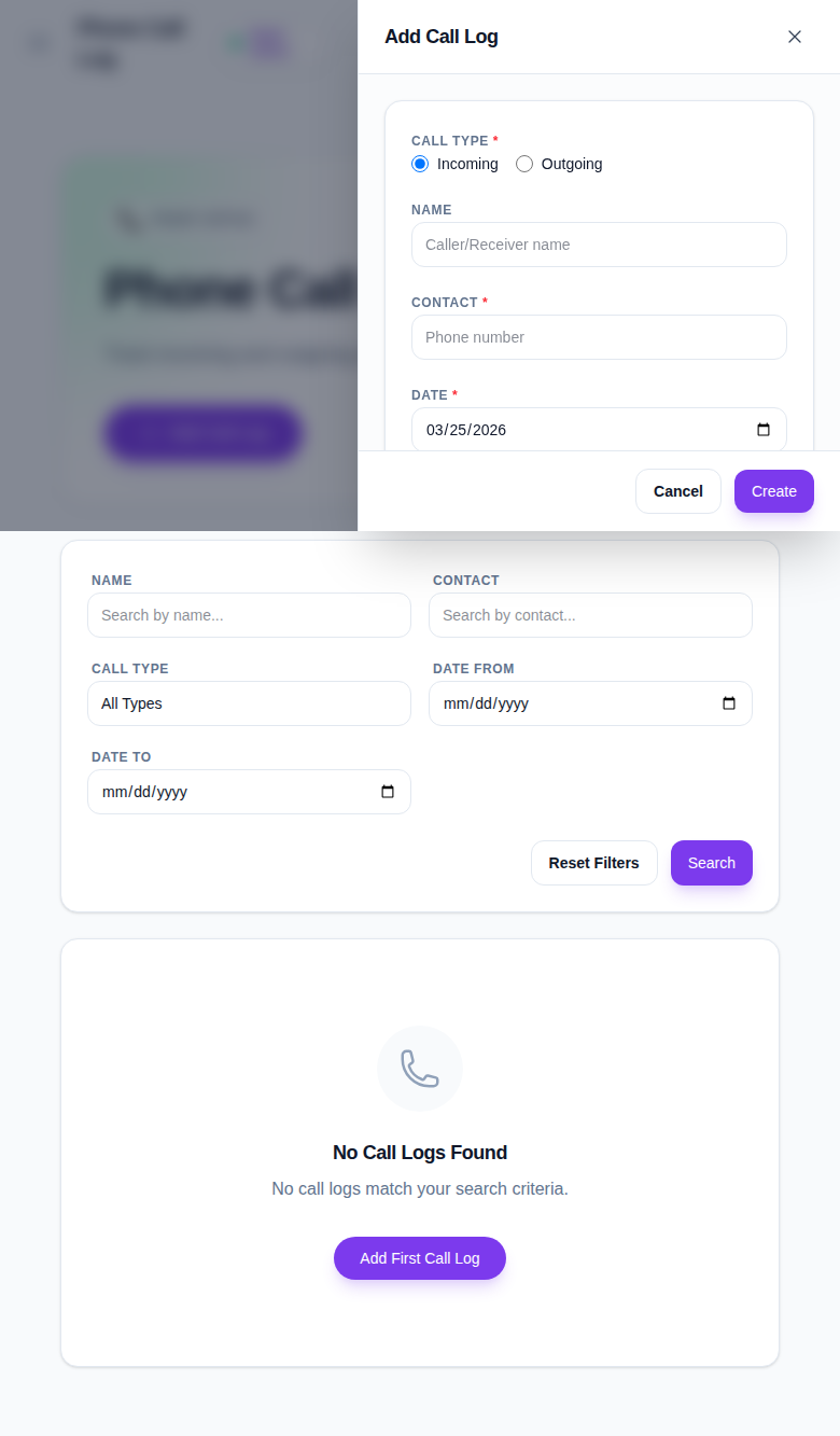 Add Call Log drawer with call type, name, contact, date, call duration, follow-up date, description, and note fields.