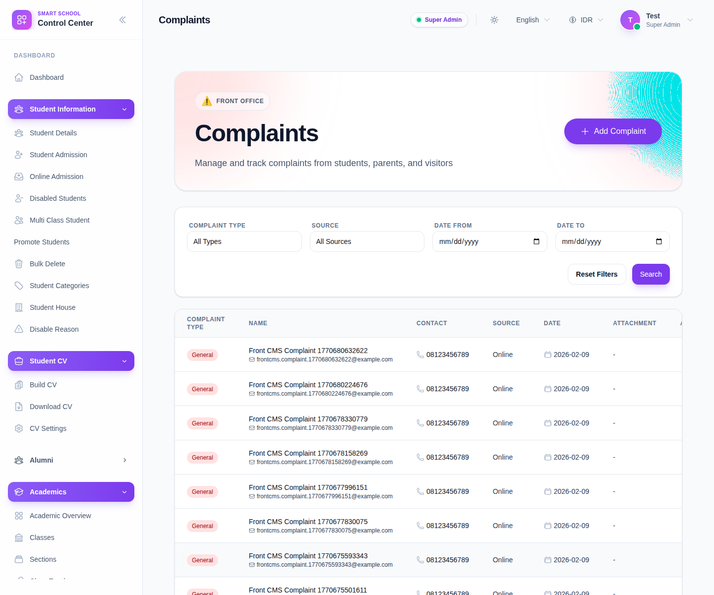 Complaints workspace with complaint filters, complaint table, and add complaint action.