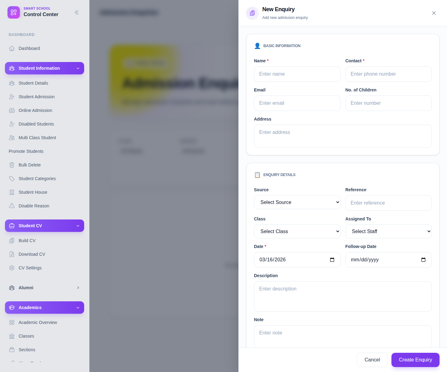 New Enquiry drawer with basic information and enquiry details fields.