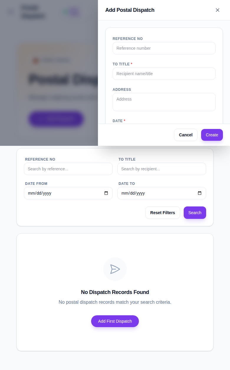 Add Postal Dispatch drawer with reference number, recipient, address, date, note, and attachment fields.