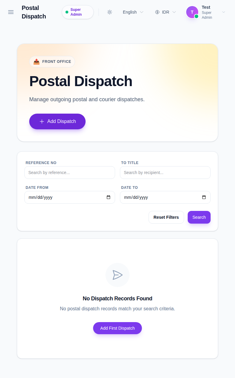 Postal Dispatch workspace with filters and add dispatch action.