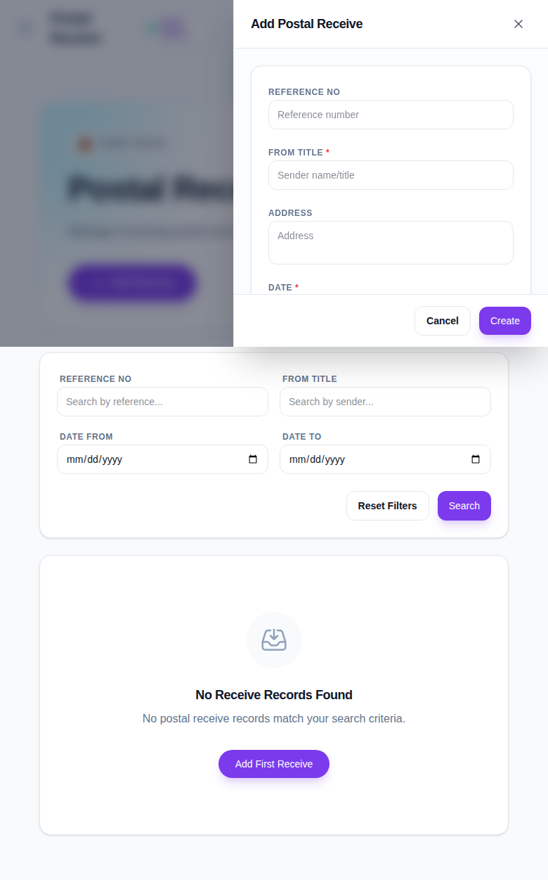 Add Postal Receive drawer with reference number, sender, address, date, note, and attachment fields.