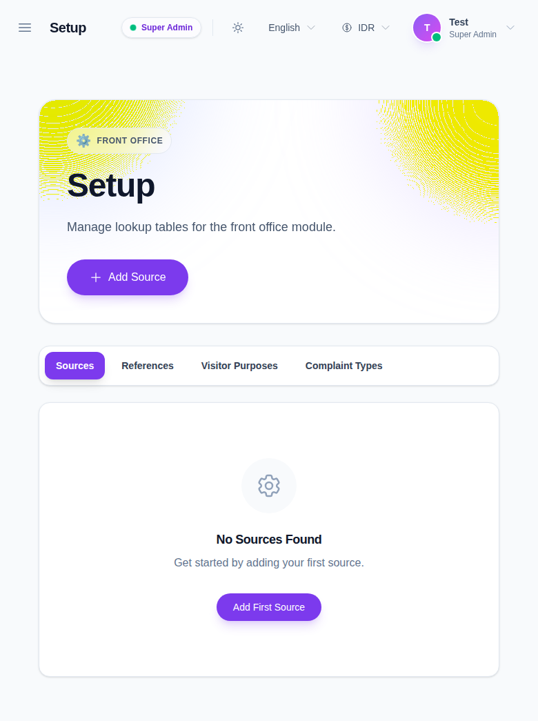 Front Office setup workspace with tabs for sources, references, visitor purposes, and complaint types.