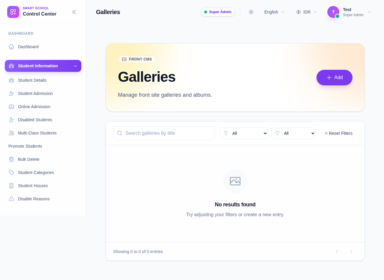 Front CMS Galleries workspace in an empty state with the add button and filtering controls.