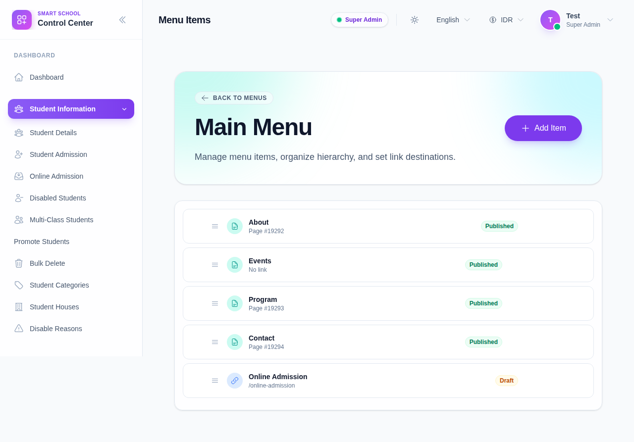 Front CMS Menu Items workspace showing the navigation tree, child-item controls, move up and move down buttons, and add item action.