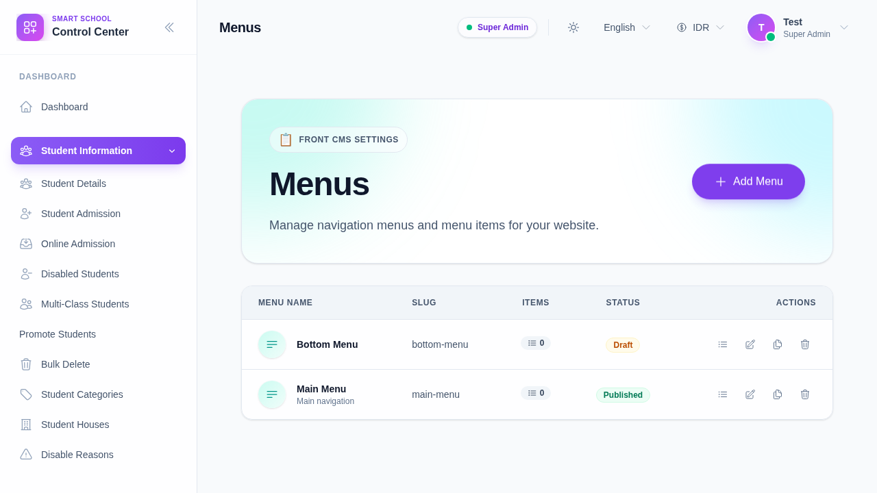 Front CMS Menus workspace showing the menu table, publish badges, and manage-items action.