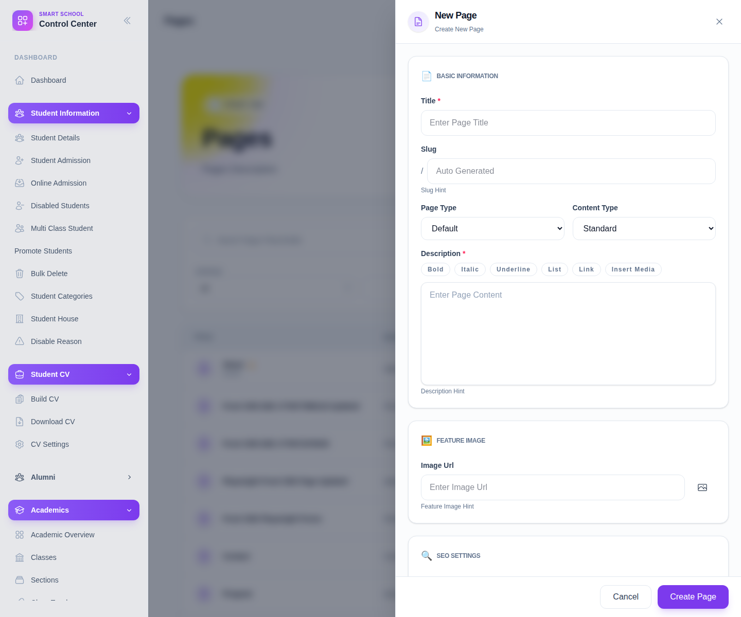 FrontCMS New Page drawer with fields for title, slug, description, image, SEO, and publishing options.