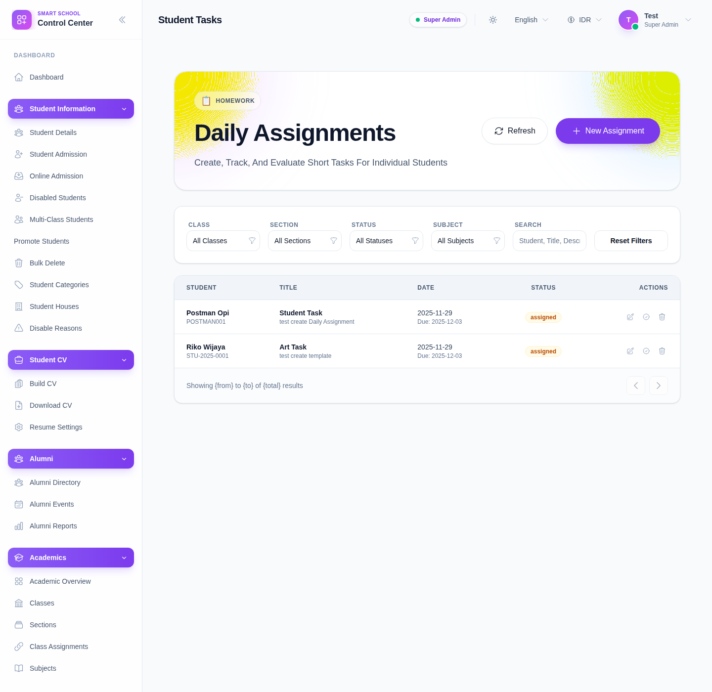 Student Tasks workspace showing filters, assignment rows, and action buttons for new assignments.
