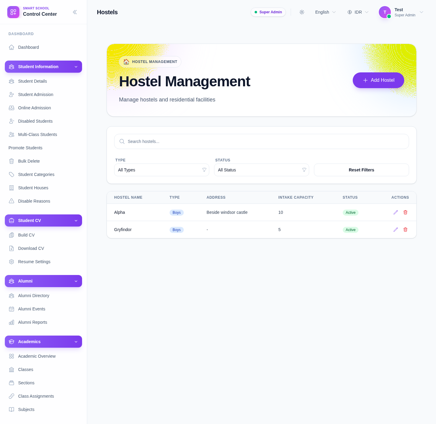 Hostels workspace showing search, type and status filters, and the hostel management table.