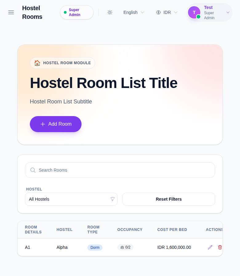 Hostel Rooms workspace showing room list, occupancy badges, search, and hostel filter.