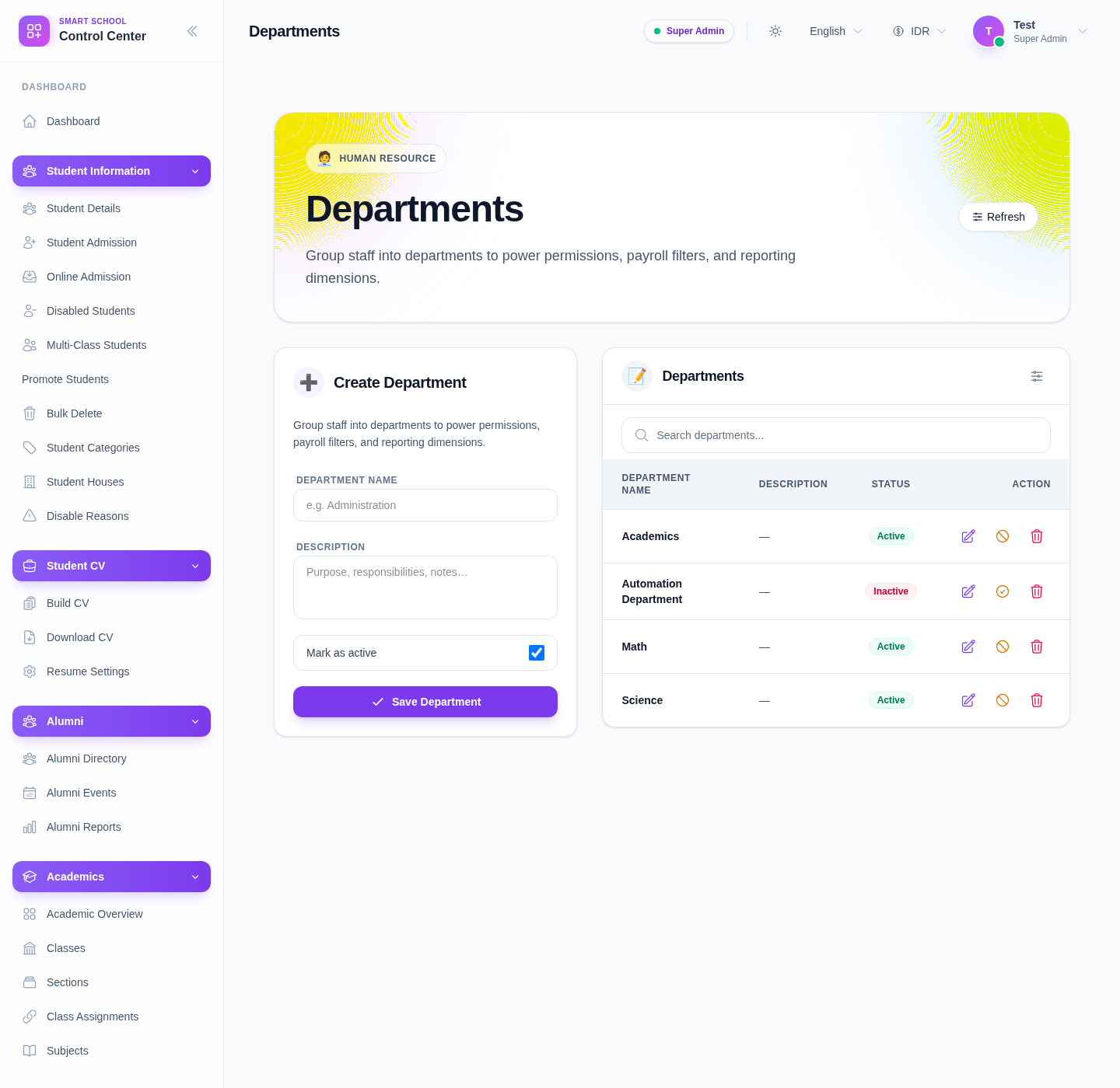 Departments page showing the create department form on the left and the departments list with status and row actions on the right.