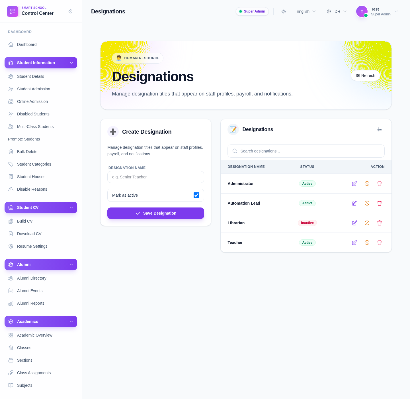 Designations page showing the create designation form and the designation list with status and row actions.