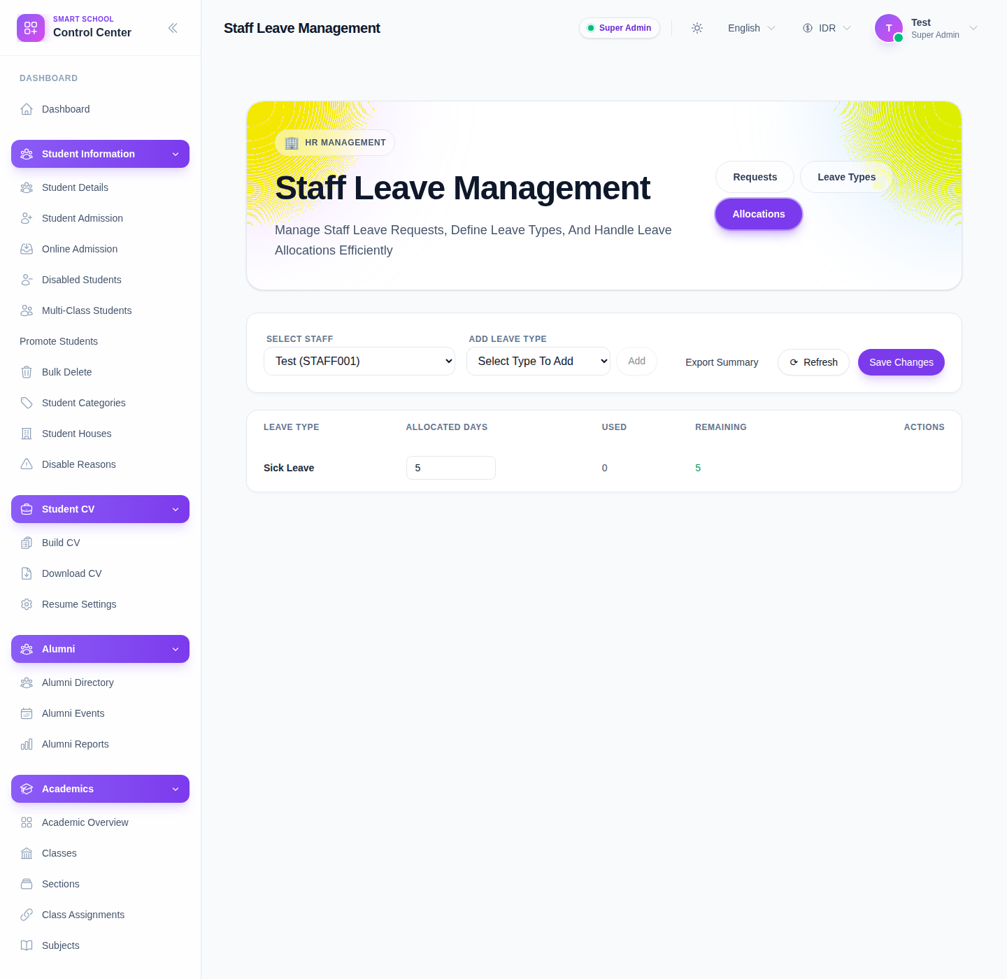Staff Leave Management page showing the Allocations tab with a selected staff member and editable allocated days.