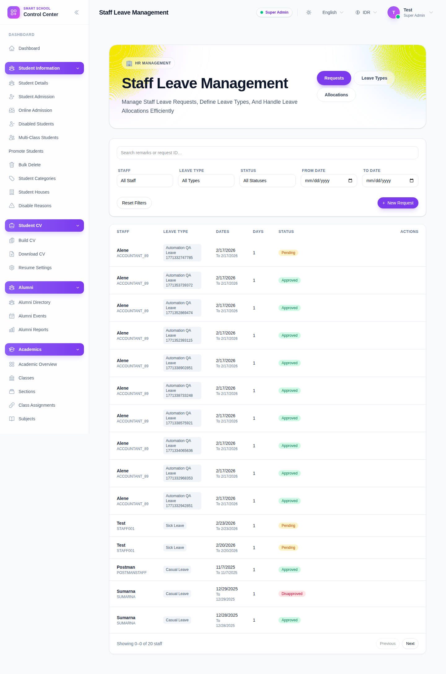 Staff Leave Management page showing the Requests tab, filters, request list, and New Request action.