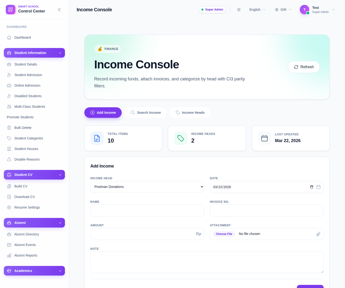 Income Console Add Income tab showing summary cards and the add-income form.