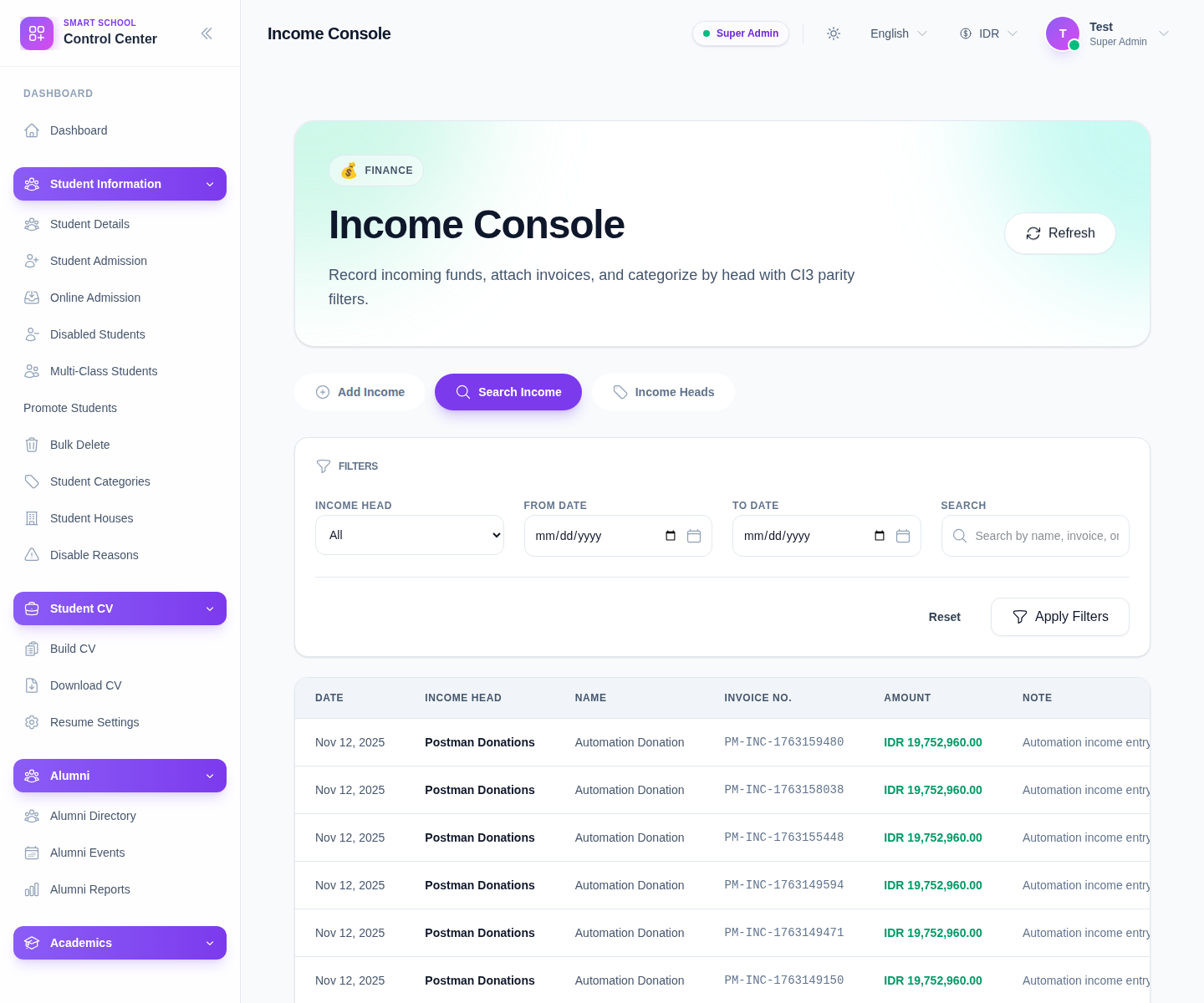 Income Console Search Income tab showing filters and the results table.