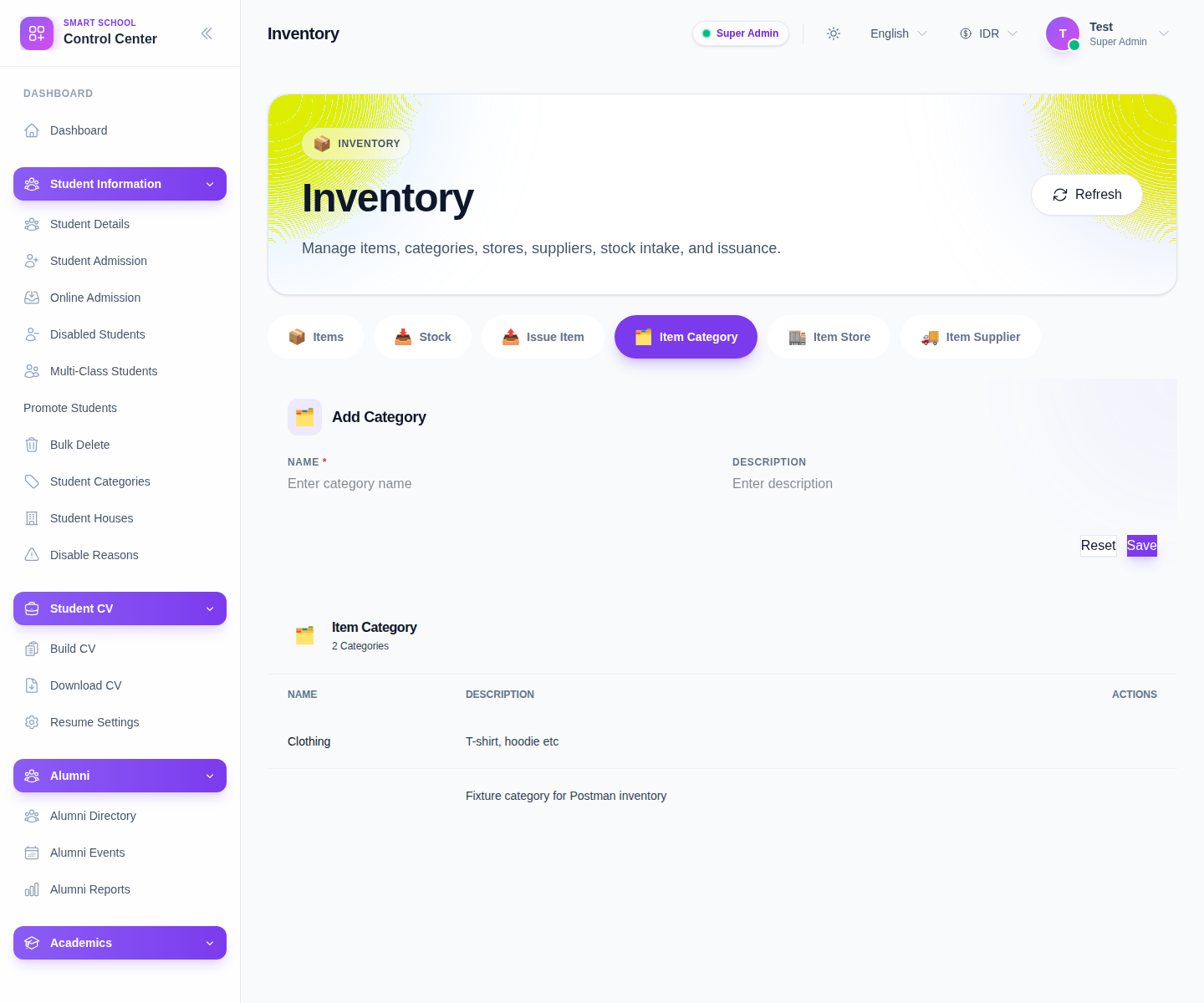 Inventory workspace Item Category tab showing the add-category form and category table.