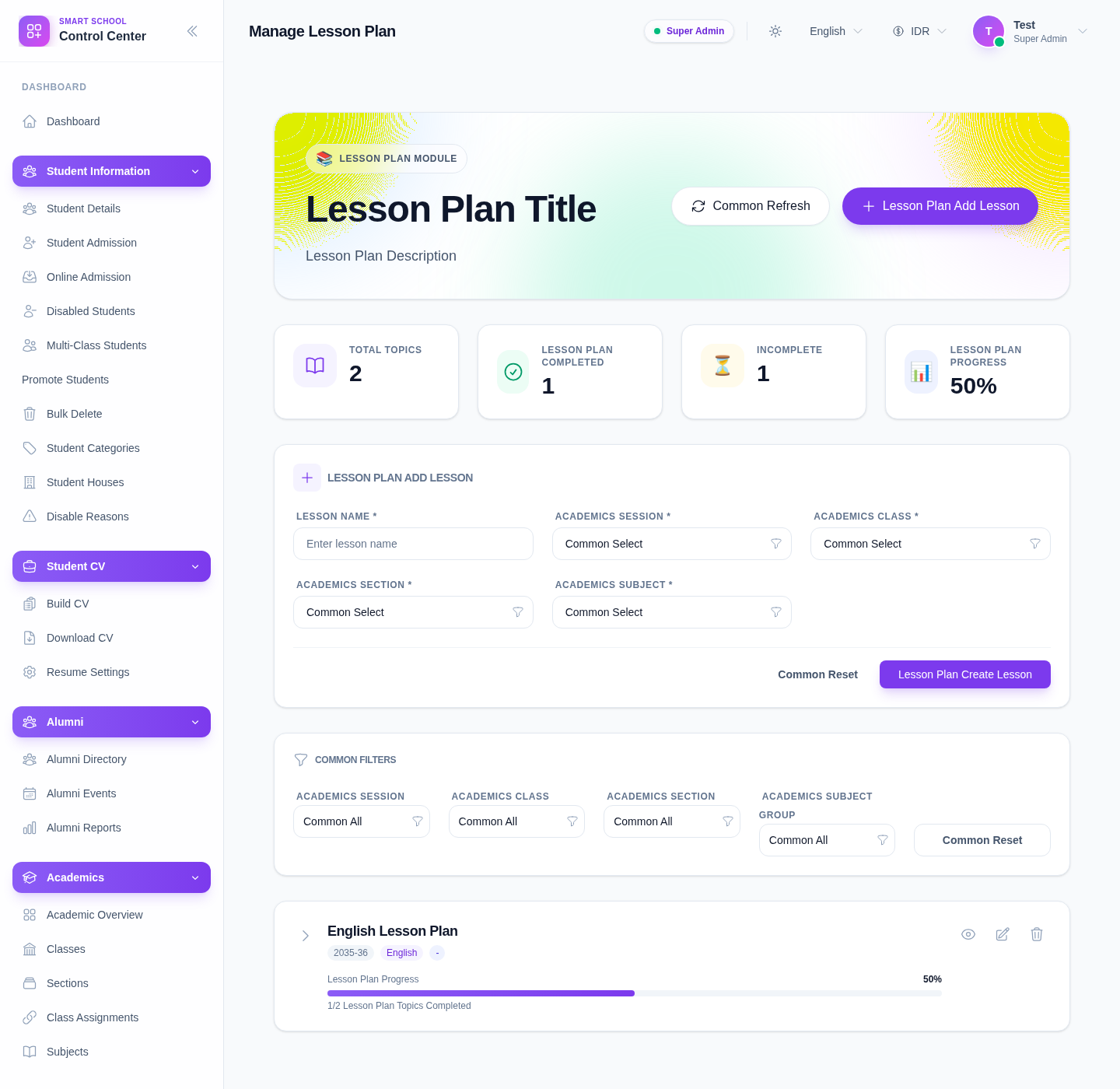 Manage Lesson Plan workspace showing the lesson creation form, filters, and empty-state lesson list.