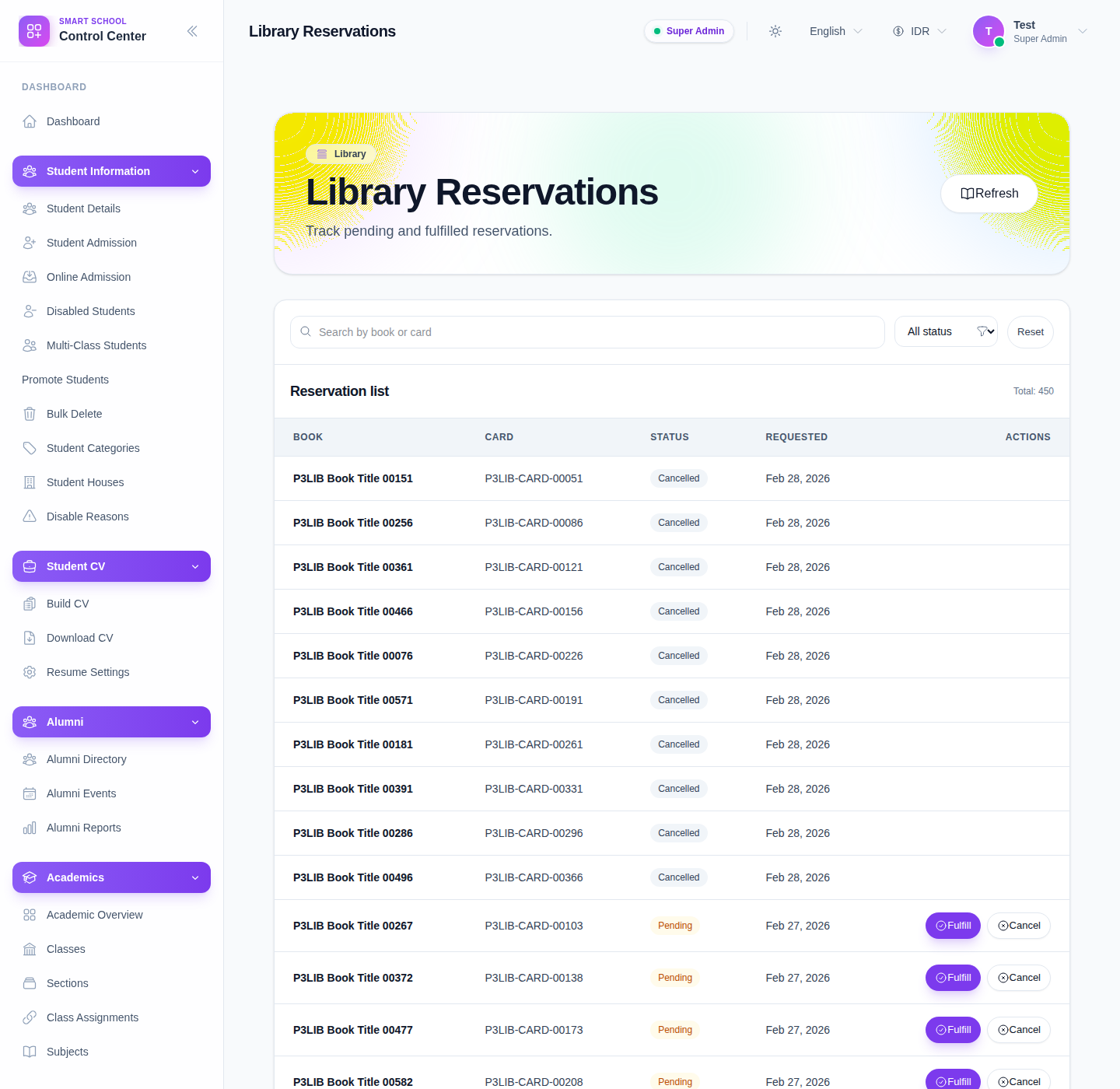 Library Reservations workspace showing search, status filter, reservation list, and pending action buttons.