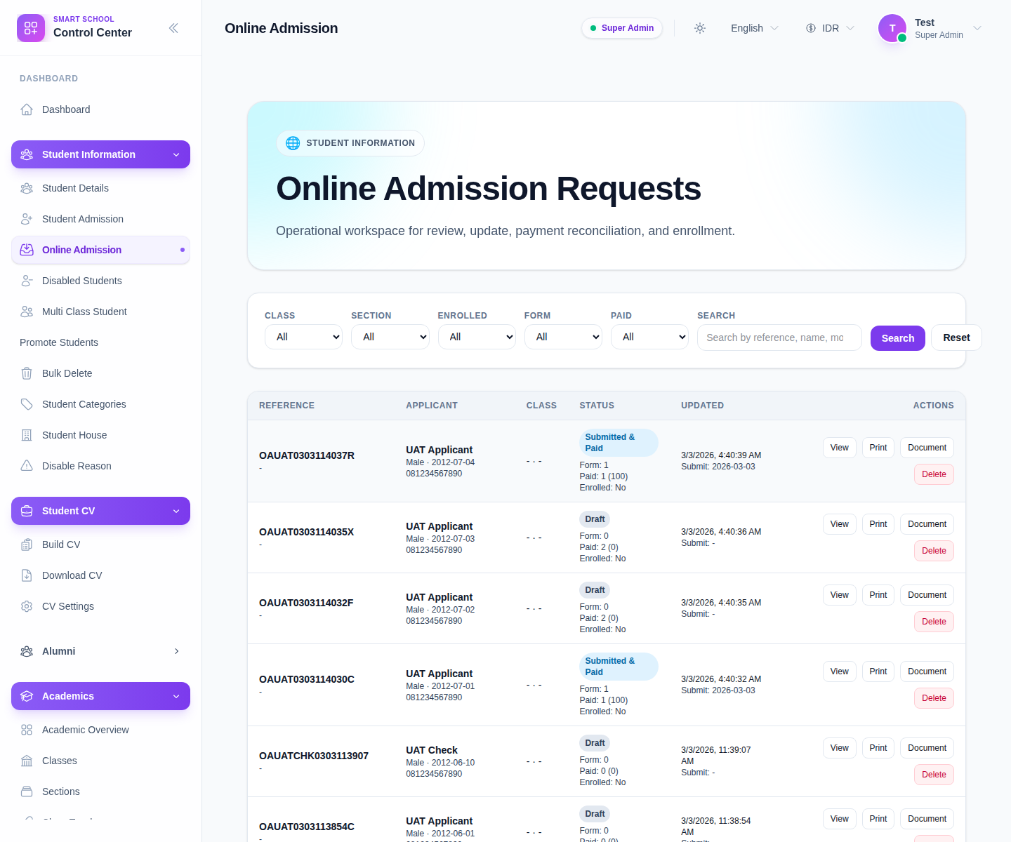 Internal Online Admission Requests workspace with filters and request table.