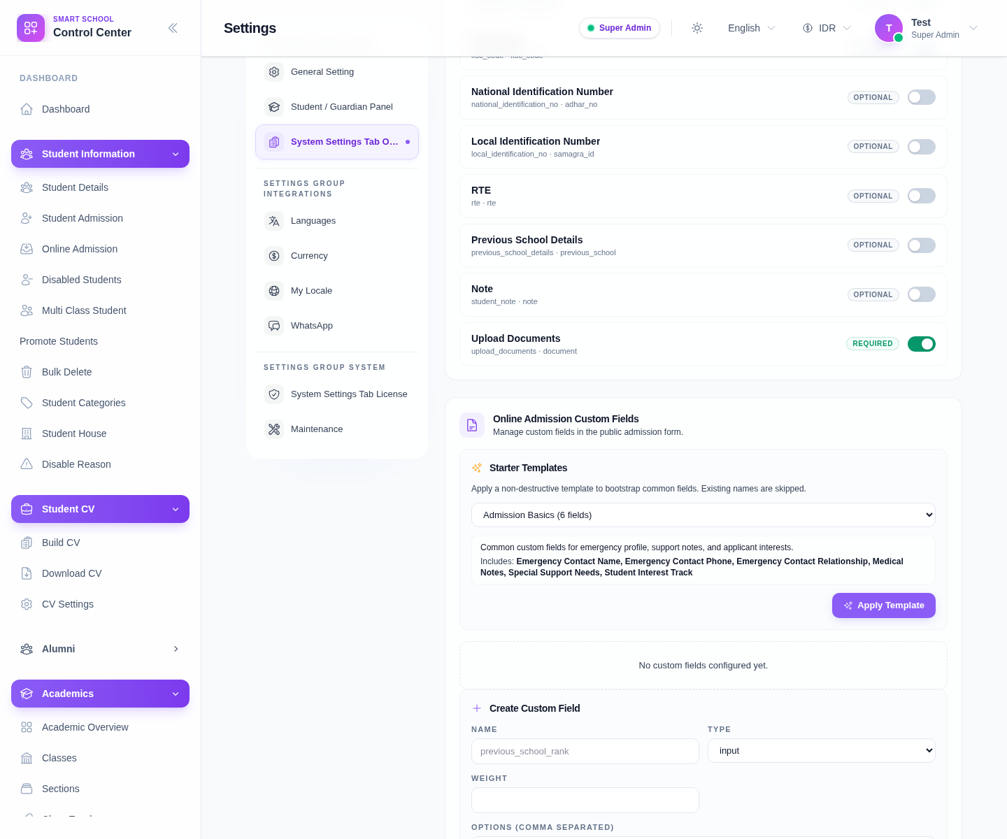 Online Admission custom fields section with starter templates and create custom field form.