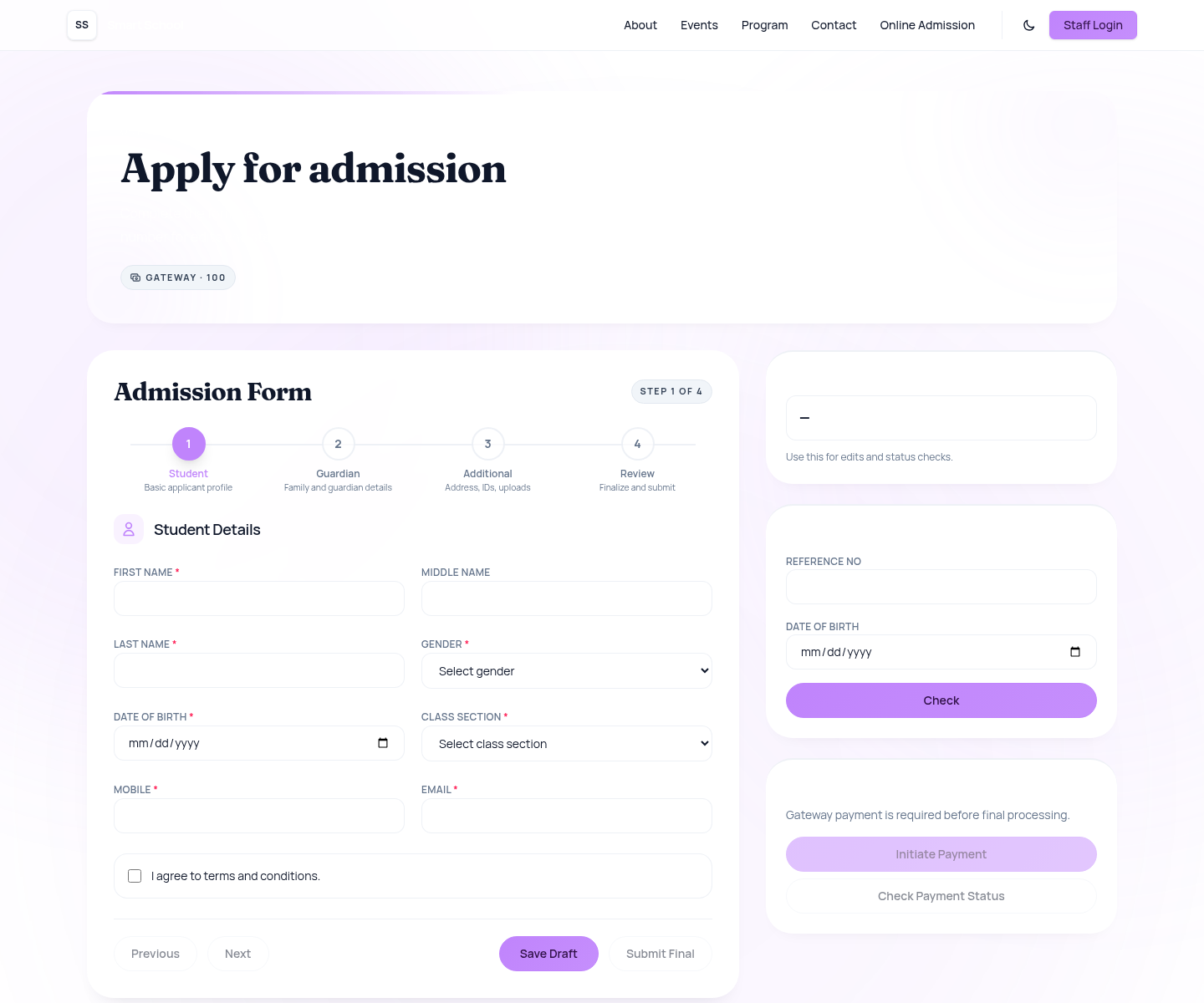 Public online admission page showing the multi-step form, status check panel, and payment area.